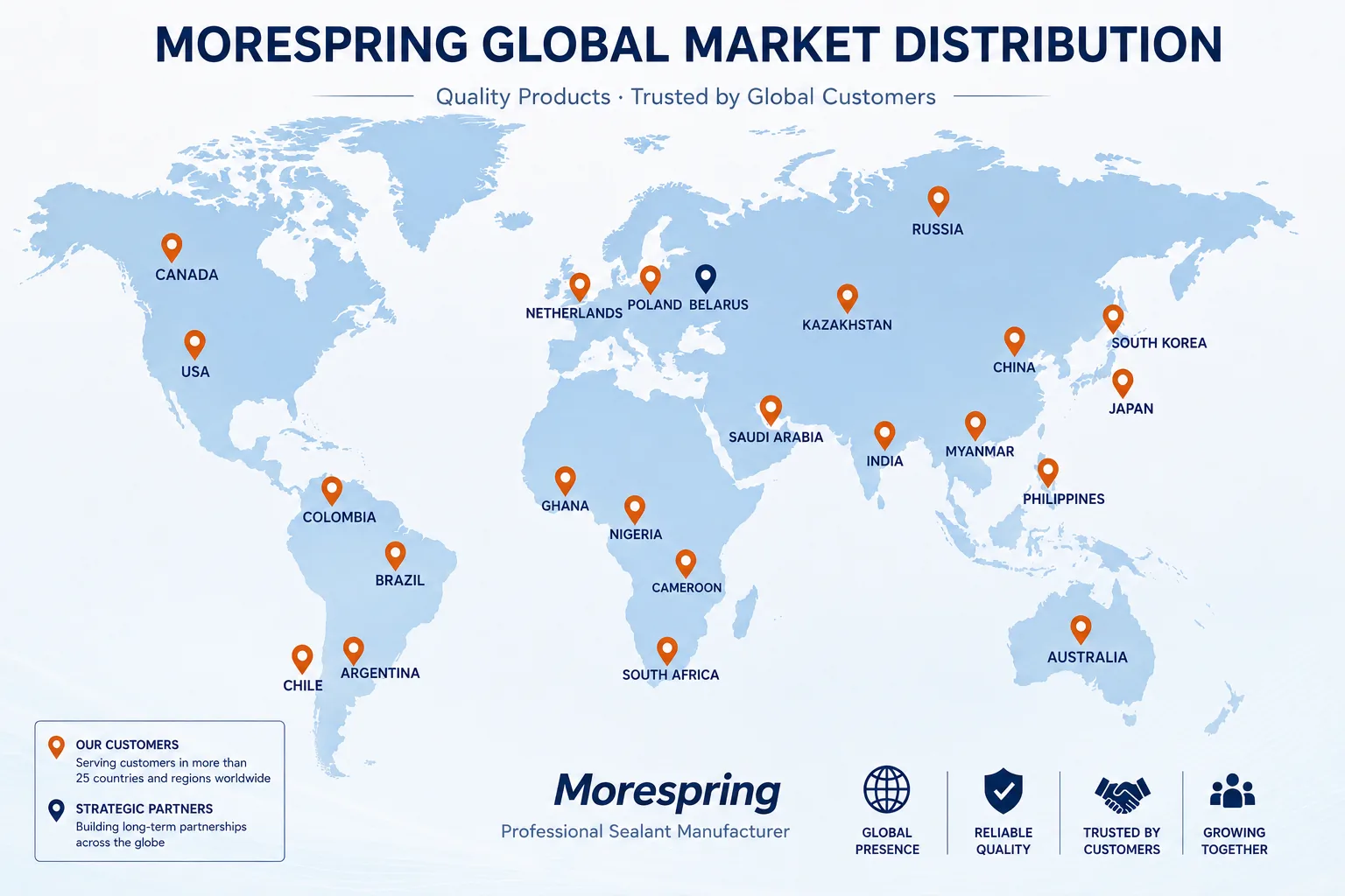 Morespring global market distribution map: customers across North and South America, Europe, Africa, the Middle East, Asia and Australia